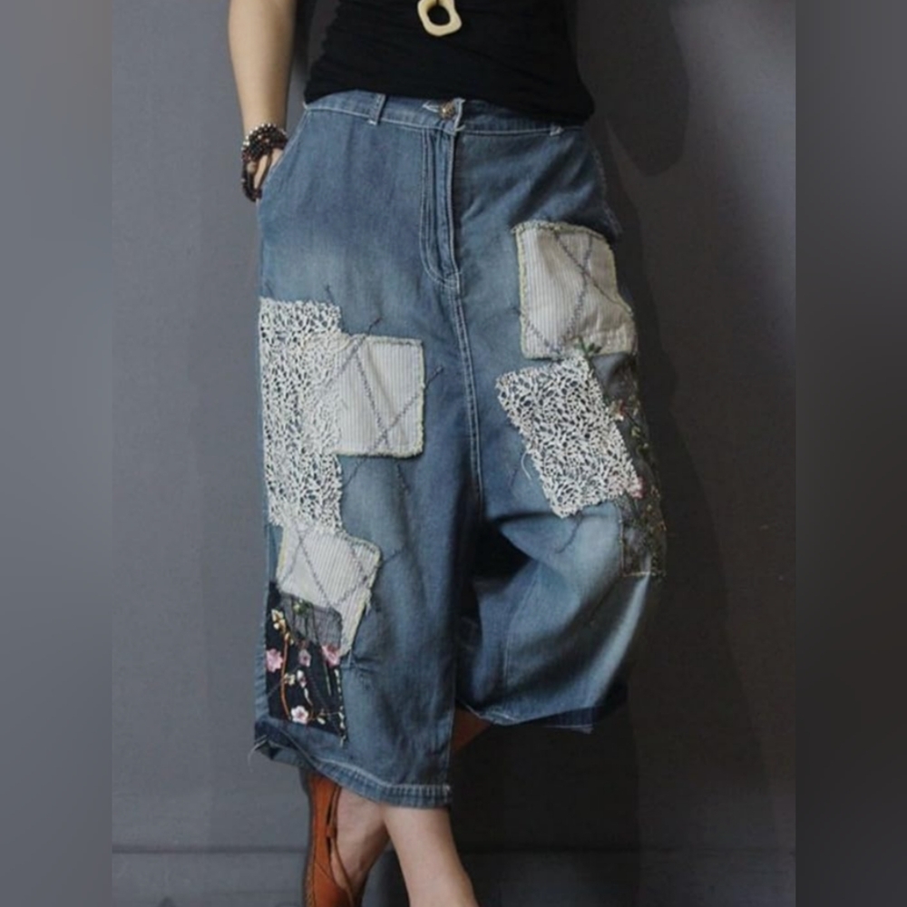 Yesno Patchwork Drop Crotch Wide Leg Cropped Lagenlook Jeans Size M Blue